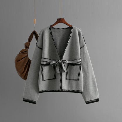 Monochrome Tie-Front Knit Cardigan