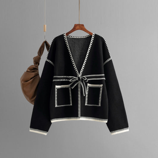 Monochrome Tie-Front Knit Cardigan