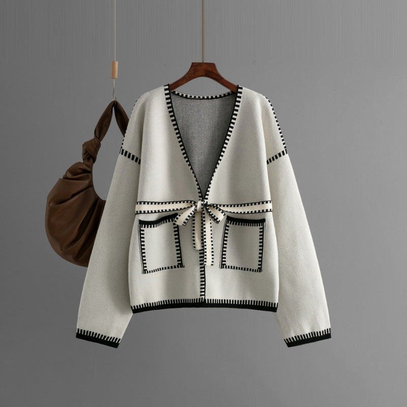 Monochrome Tie-Front Knit Cardigan